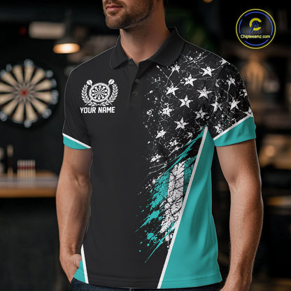Custom Black And Turquoise Grunge American Patriotic Dart Men Polo, Vintage Dart Jersey IPHW12513