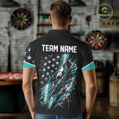 Custom Black And Turquoise Grunge American Patriotic Dart Men Polo, Vintage Dart Jersey IPHW12513