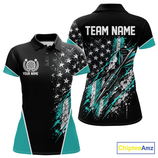 Custom Black And Turquoise Grunge American Patriotic Dart Women Polo, Vintage Dart Jersey IPHW12513