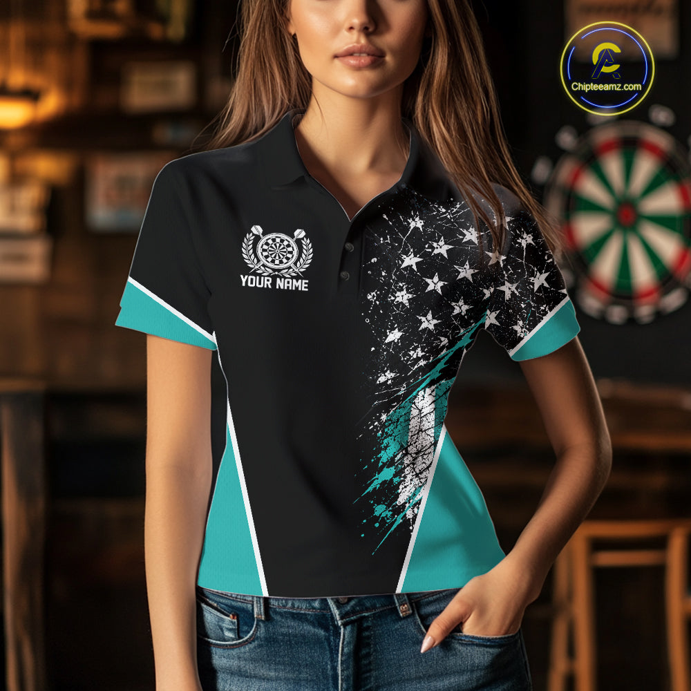 Custom Black And Turquoise Grunge American Patriotic Dart Women Polo, Vintage Dart Jersey IPHW12513