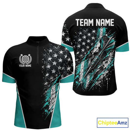 Custom Black And Turquoise Grunge American Patriotic Dart Men Quarter Zip, Vintage Dart Jersey IPHW12513