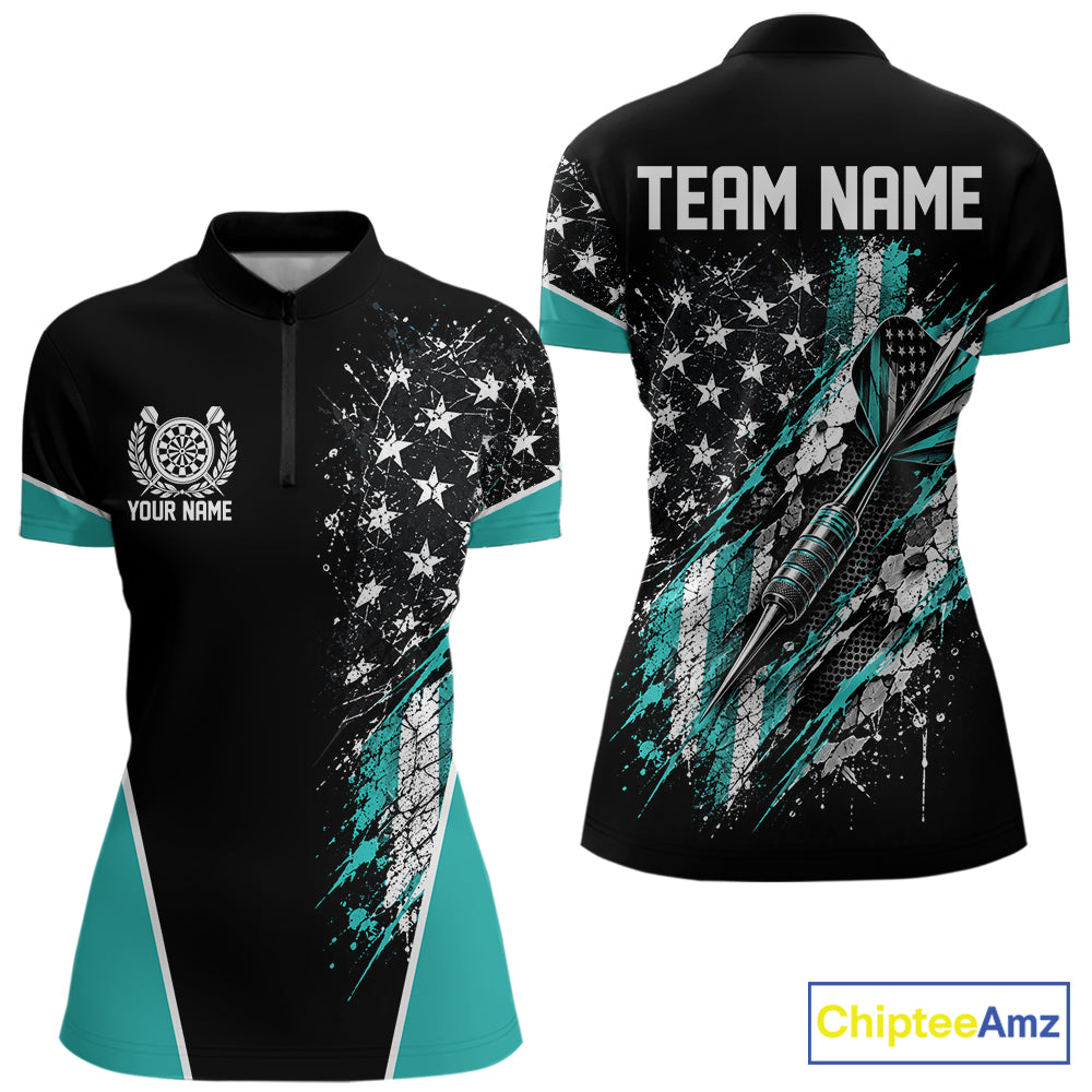 Custom Black And Turquoise Grunge Vintage American Patriotic Dart Women Quarter-Zip IPHW12513