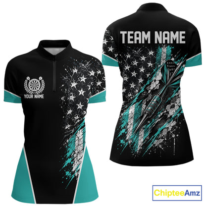 Custom Black And Turquoise Grunge Vintage American Patriotic Dart Women Quarter-Zip IPHW12513