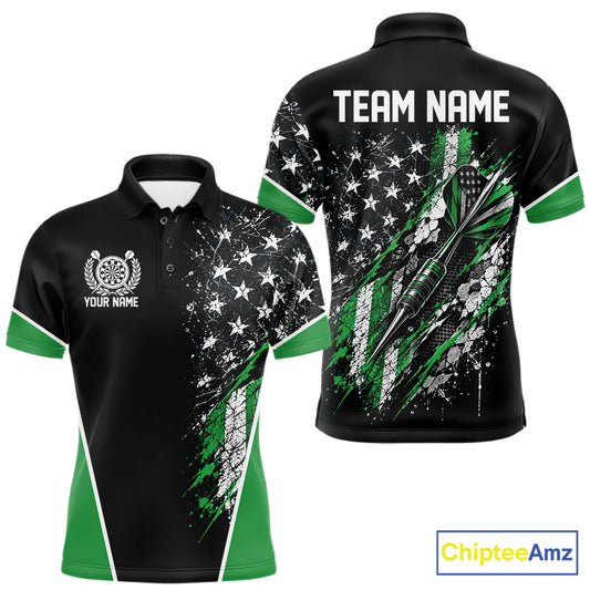 Custom Black And Green Grunge American Patriotic Dart Men Polo Shirt, Vintage Dart Jersey IPHW12514