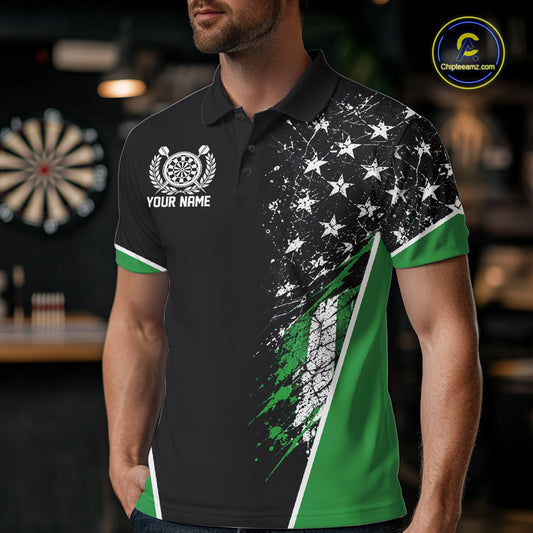 Custom Black And Green Grunge American Patriotic Dart Men Polo Shirt, Vintage Dart Jersey IPHW12514