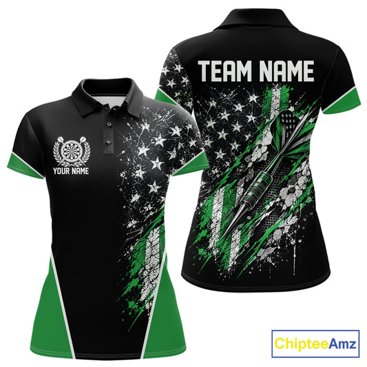 Custom Black And Green Grunge American Patriotic Dart Women Polo Shirt, Vintage Dart Jersey IPHW12514