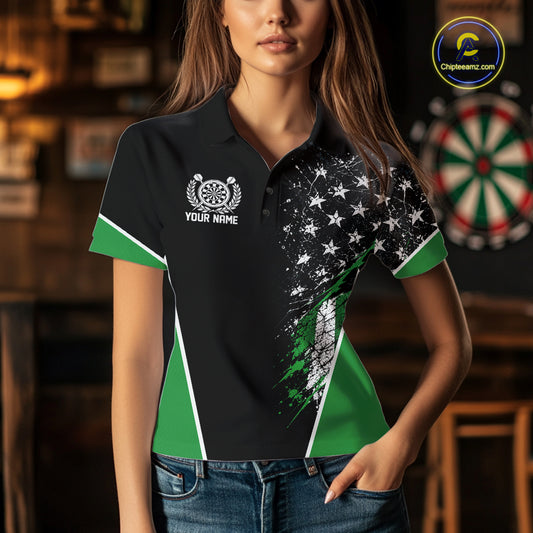 Custom Black And Green Grunge American Patriotic Dart Women Polo Shirt, Vintage Dart Jersey IPHW12514