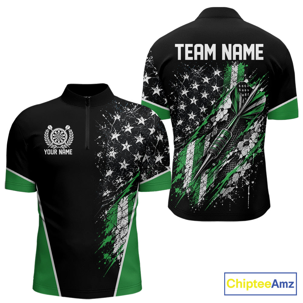 Custom Black And Green Grunge American Patriotic Dart Men Quarter Zip Shirt, Vintage Dart Jersey IPHW12514