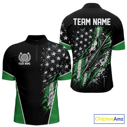 Custom Black And Green Grunge American Patriotic Dart Men Quarter Zip Shirt, Vintage Dart Jersey IPHW12514