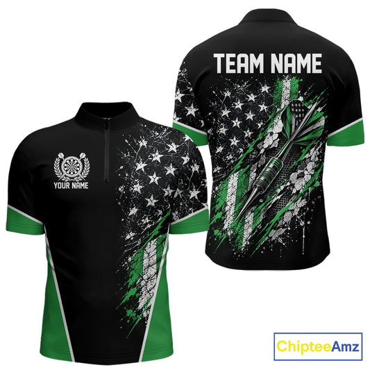 Custom Black And Green Grunge American Patriotic Dart Men Quarter Zip Shirt, Vintage Dart Jersey IPHW12514