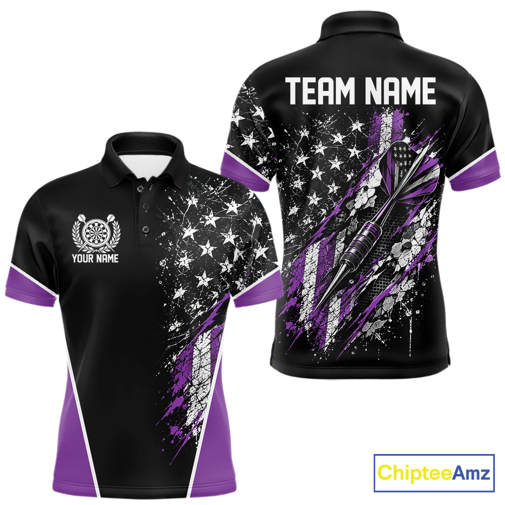 Custom Black And Purple Grunge American Patriotic Dart Men Polo Shirt, Vintage Dart Jersey IPHW12515