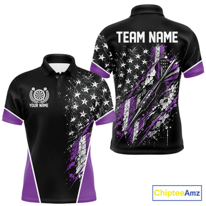 Custom Black And Purple Grunge American Patriotic Dart Men Polo Shirt, Vintage Dart Jersey IPHW12515
