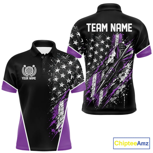 Custom Black And Purple Grunge American Patriotic Dart Men Polo Shirt, Vintage Dart Jersey IPHW12515