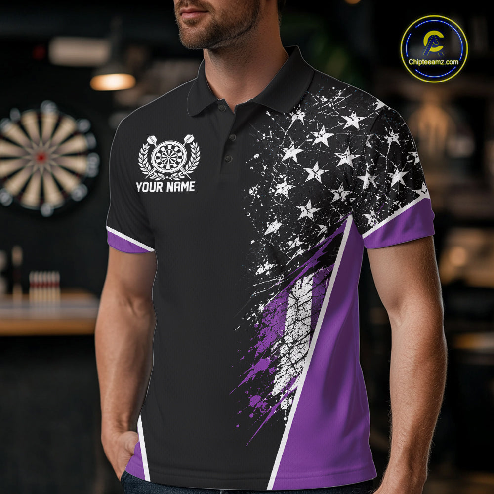 Custom Black And Purple Grunge American Patriotic Dart Men Polo Shirt, Vintage Dart Jersey IPHW12515