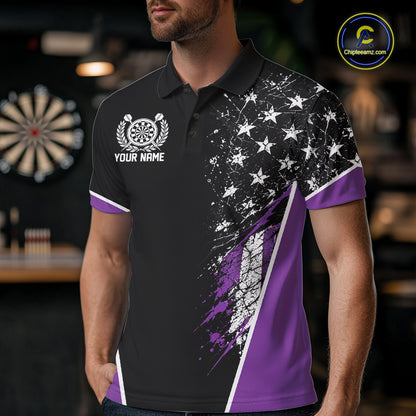Custom Black And Purple Grunge American Patriotic Dart Men Polo Shirt, Vintage Dart Jersey IPHW12515