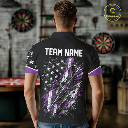 Custom Black And Purple Grunge American Patriotic Dart Men Polo Shirt, Vintage Dart Jersey IPHW12515