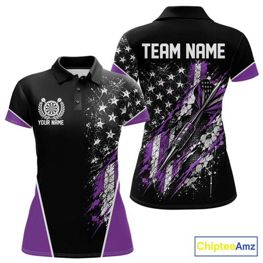 Custom Black And Purple Grunge American Patriotic Dart Women Polo Shirt, Vintage Dart Jersey IPHW12515