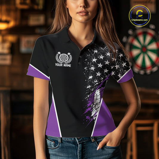Custom Black And Purple Grunge American Patriotic Dart Women Polo Shirt, Vintage Dart Jersey IPHW12515