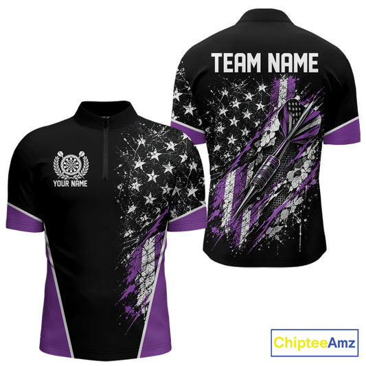 Custom Black And Purple Grunge American Patriotic Dart Men Quarter Zip, Vintage Dart Jersey IPHW12515
