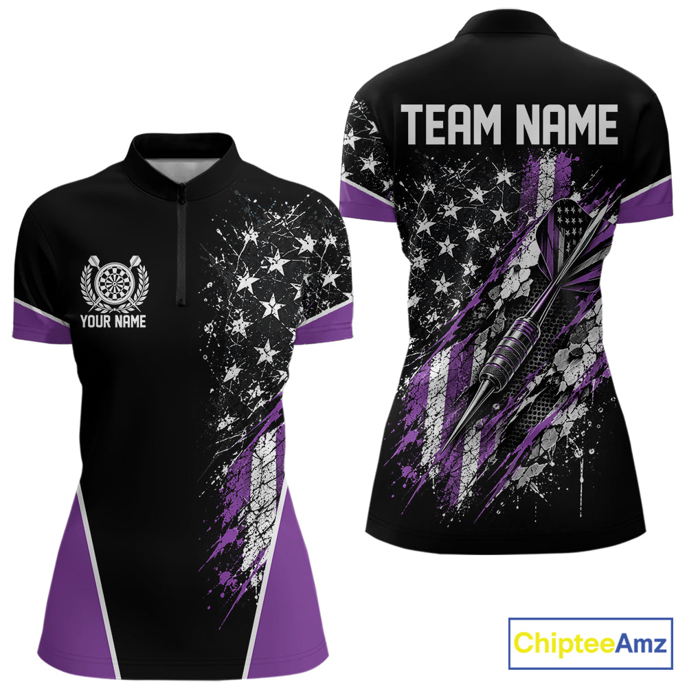 Custom Black And Purple Grunge Vintage American Patriotic Dart Women Quarter-Zip Shirt IPHW12515