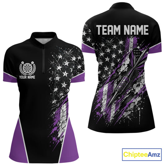 Custom Black And Purple Grunge Vintage American Patriotic Dart Women Quarter-Zip Shirt IPHW12515