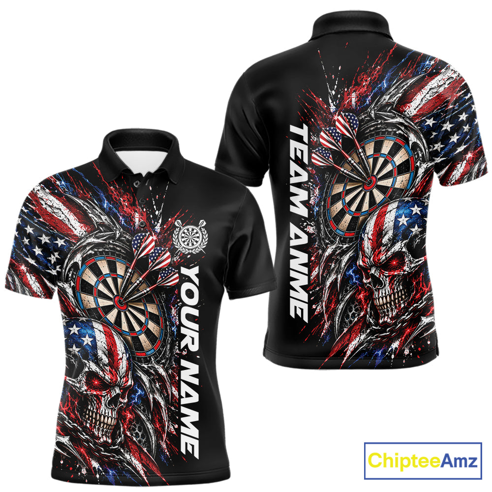 Custom Patriotic American Flag Skull Dart Men Polo Shirt, Dart Team Jersey IPHW12521