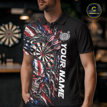 Custom Patriotic American Flag Skull Dart Men Polo Shirt, Dart Team Jersey IPHW12521