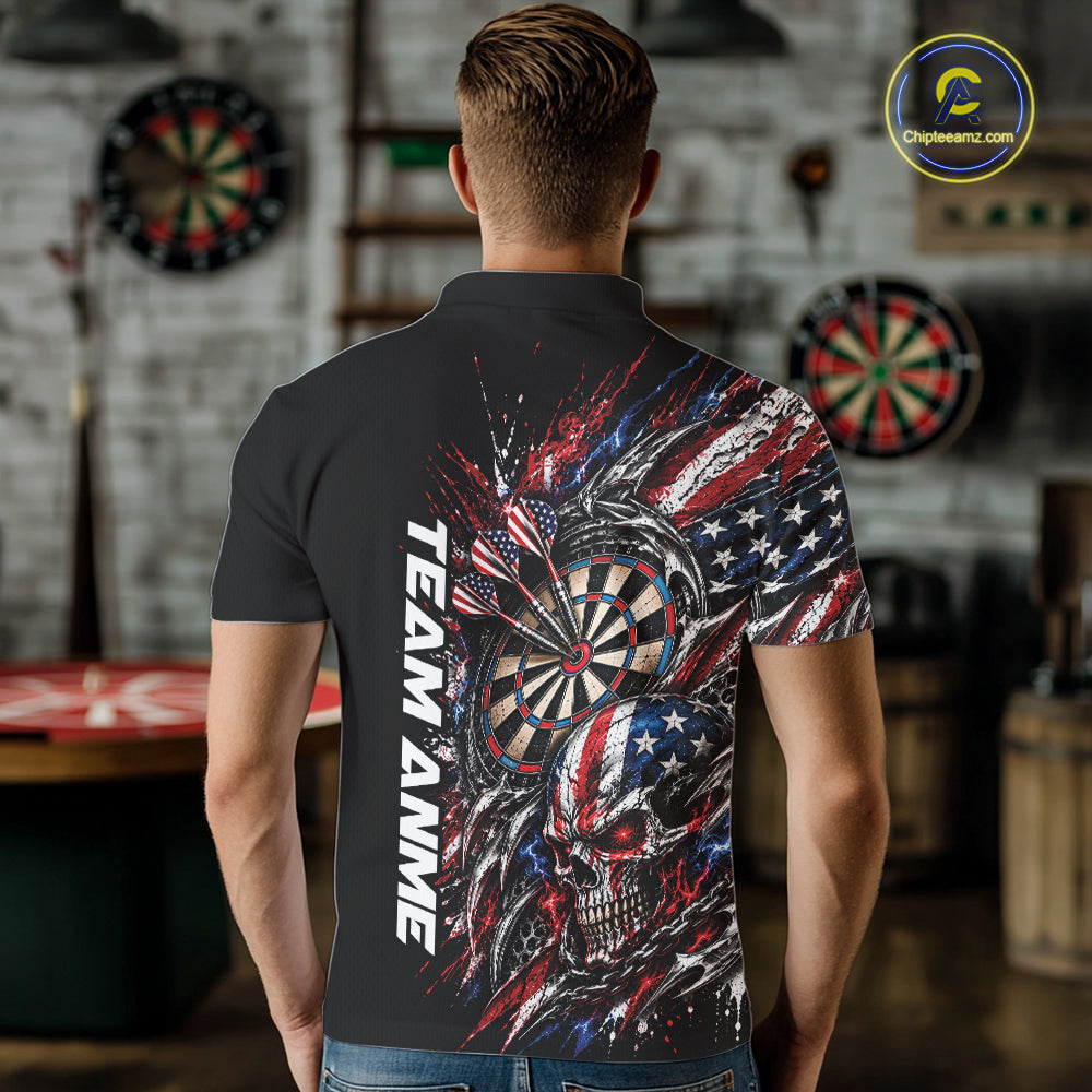 Custom Patriotic American Flag Skull Dart Men Polo Shirt, Dart Team Jersey IPHW12521