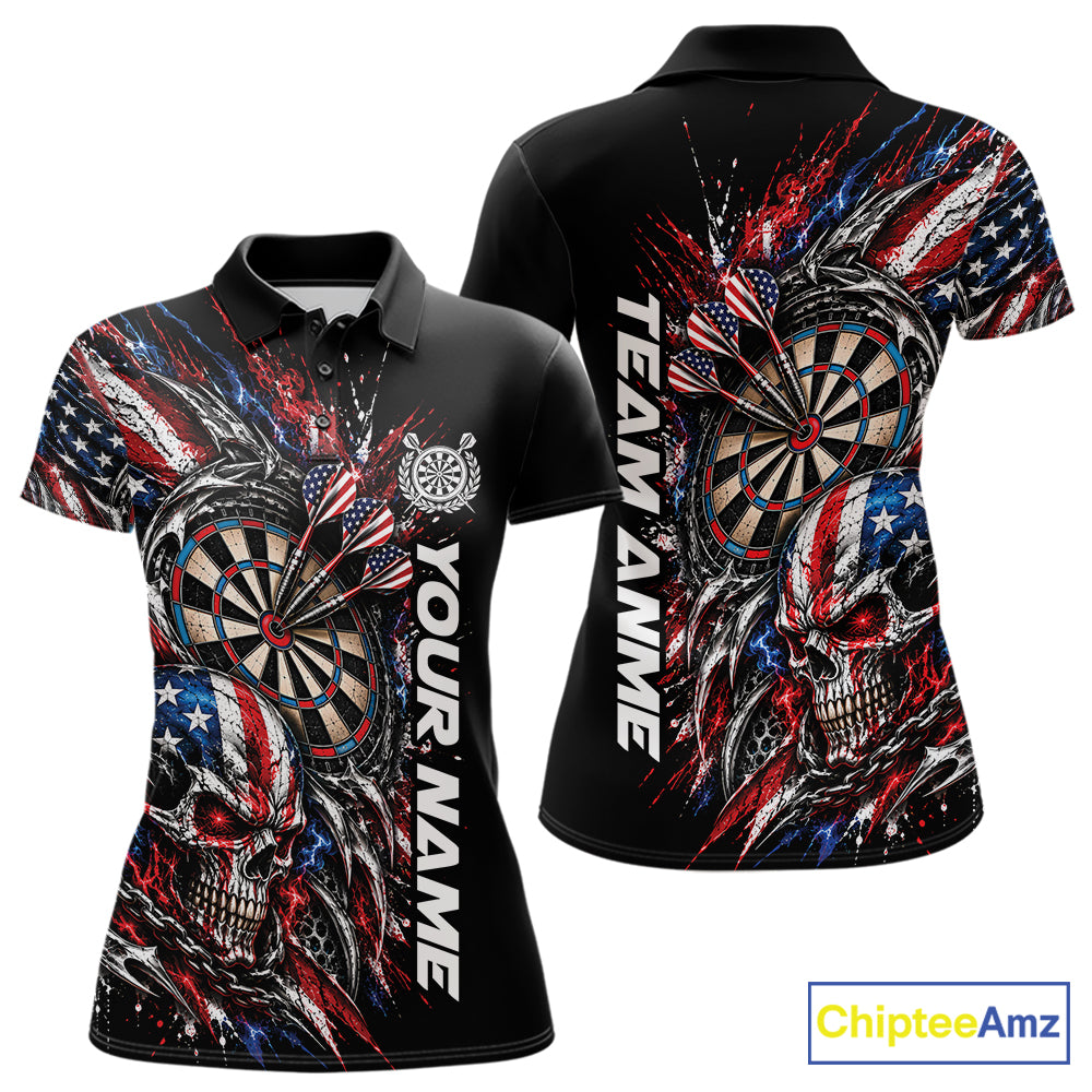 Custom Patriotic American Flag Skull Dart Women Polo Shirt, Dart Team Jersey IPHW12521