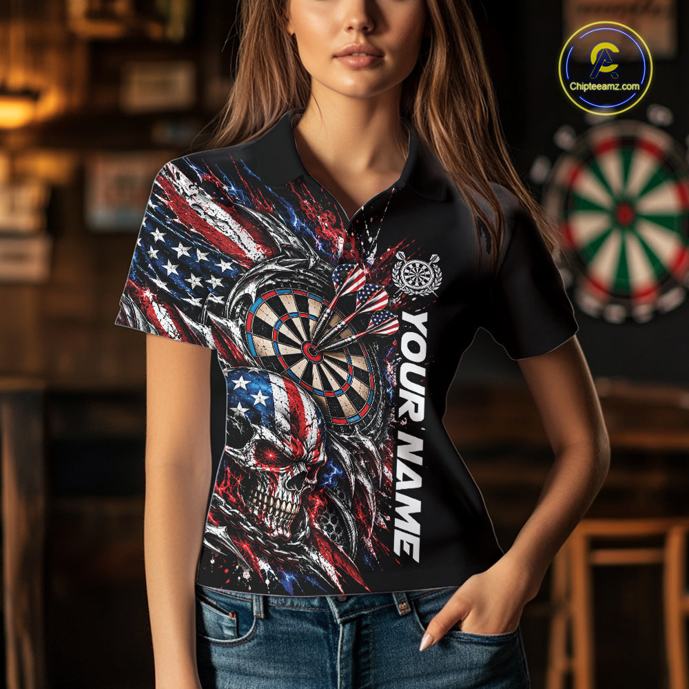 Custom Patriotic American Flag Skull Dart Women Polo Shirt, Dart Team Jersey IPHW12521