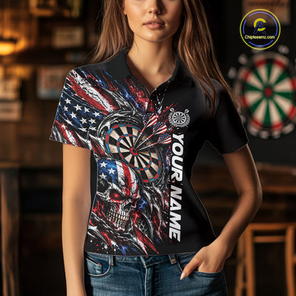 Custom Patriotic American Flag Skull Dart Women Polo Shirt, Dart Team Jersey IPHW12521