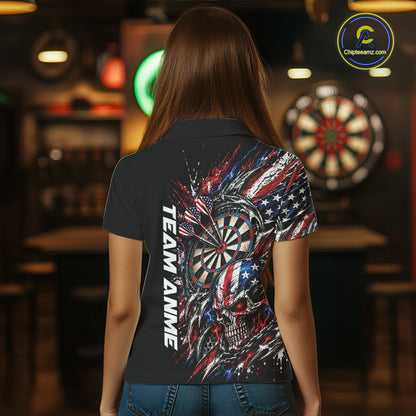 Custom Patriotic American Flag Skull Dart Women Polo Shirt, Dart Team Jersey IPHW12521