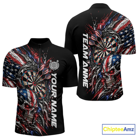 Custom Patriotic American Flag Skull Dart Men Quarter Zip Shirt, Dart Team Jersey IPHW12521