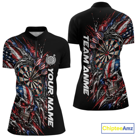Custom Patriotic American Flag Skull Dart Women Quarter-Zip Shirt, Dart Team Jersey IPHW12521