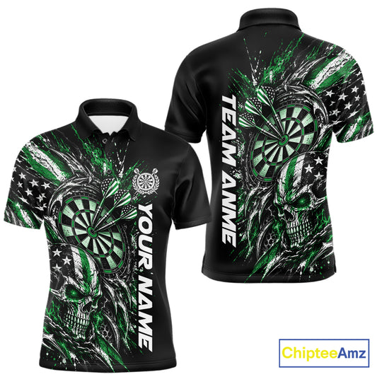 Custom Green American Flag Skull Patriotic Dart Men Polo Shirt, Dart Team Jersey IPHW12522