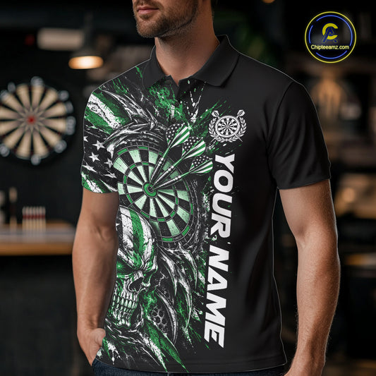 Custom Green American Flag Skull Patriotic Dart Men Polo Shirt, Dart Team Jersey IPHW12522