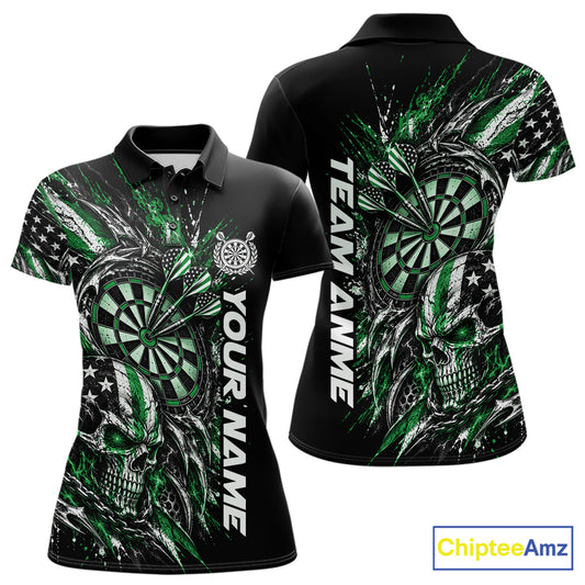 Custom Green American Flag Skull Patriotic Dart Women Polo Shirt, Dart Team Jersey IPHW12522
