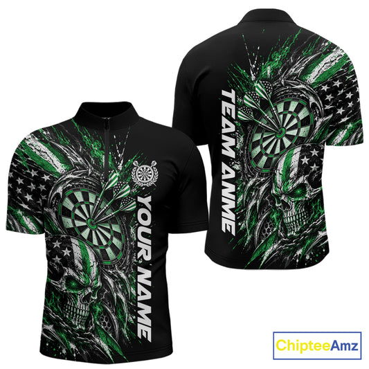 Custom Green American Flag Skull Patriotic Dart Men Quarter Zip Shirt, Dart Team Jersey IPHW12522