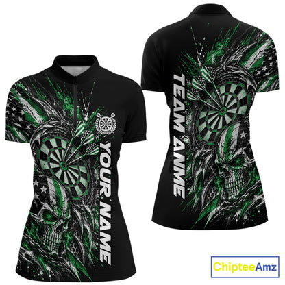 Custom Green American Flag Skull Patriotic Dart Women Quarter-Zip Shirt, Dart Jersey IPHW12522