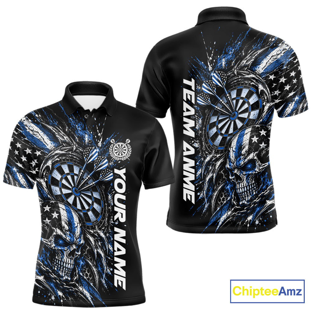 Custom Blue American Flag Skull Patriotic Dart Men Polo Shirt, Dart Team Jersey IPHW12523
