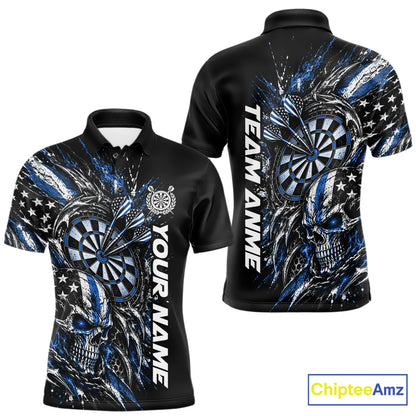 Custom Blue American Flag Skull Patriotic Dart Men Polo Shirt, Dart Team Jersey IPHW12523