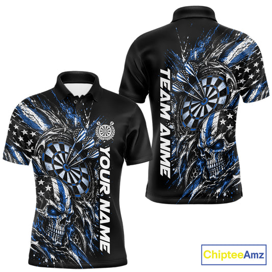 Custom Blue American Flag Skull Patriotic Dart Men Polo Shirt, Dart Team Jersey IPHW12523