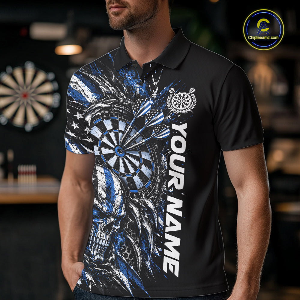 Custom Blue American Flag Skull Patriotic Dart Men Polo Shirt, Dart Team Jersey IPHW12523