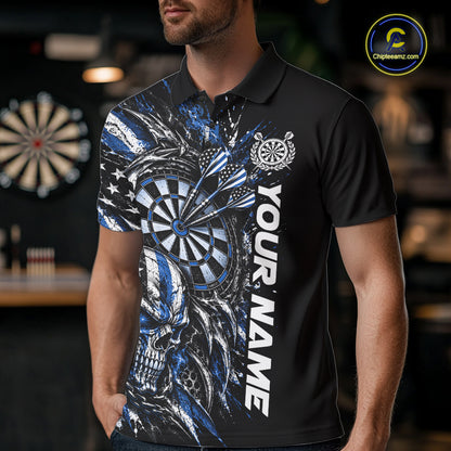 Custom Blue American Flag Skull Patriotic Dart Men Polo Shirt, Dart Team Jersey IPHW12523