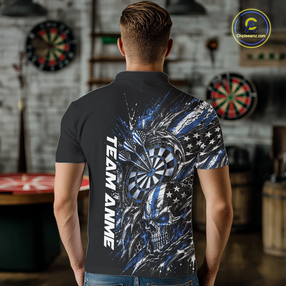 Custom Blue American Flag Skull Patriotic Dart Men Polo Shirt, Dart Team Jersey IPHW12523