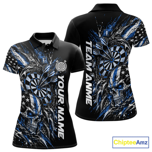 Custom Blue American Flag Skull Patriotic Dart Women Polo Shirt, Dart Team Jersey IPHW12523