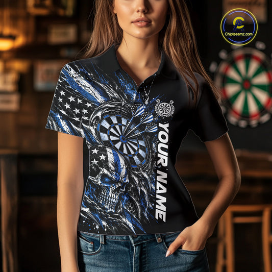 Custom Blue American Flag Skull Patriotic Dart Women Polo Shirt, Dart Team Jersey IPHW12523