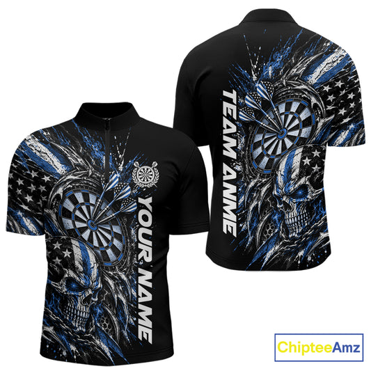 Custom Blue American Flag Skull Patriotic Dart Men Quarter Zip Shirt, Dart Team Jersey IPHW12523