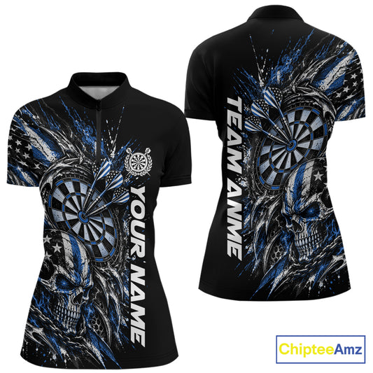 Custom Blue American Flag Skull Patriotic Dart Women Quarter-Zip Shirt, Dart Team Jersey IPHW12523