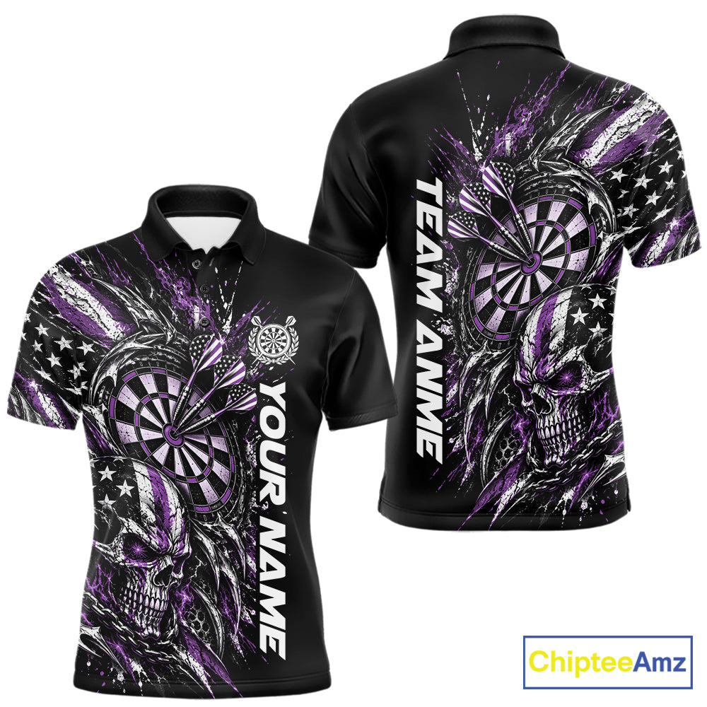 Custom Purple American Flag Skull Patriotic Dart Men Polo Shirt, Dart Team Jersey IPHW12524